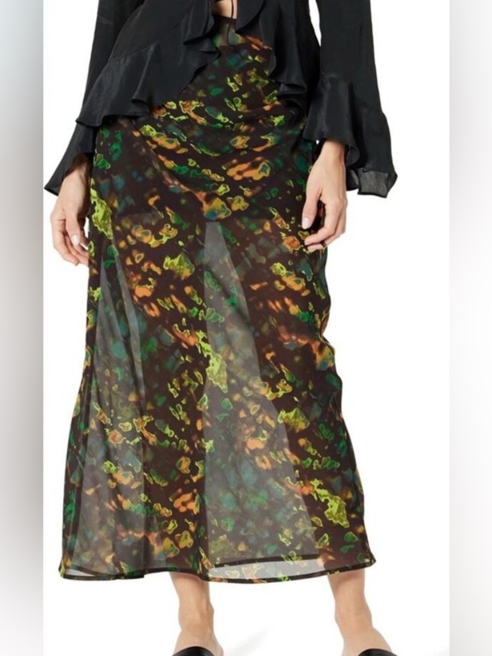The Drop Sheer Silky Maxi Skirt Black Green Print Ruched Size Small Fairy NWT